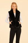 Model wears the Dolce Cabo Faux Fur Vest in Black, featuring a cozy fold-over collar and pockets