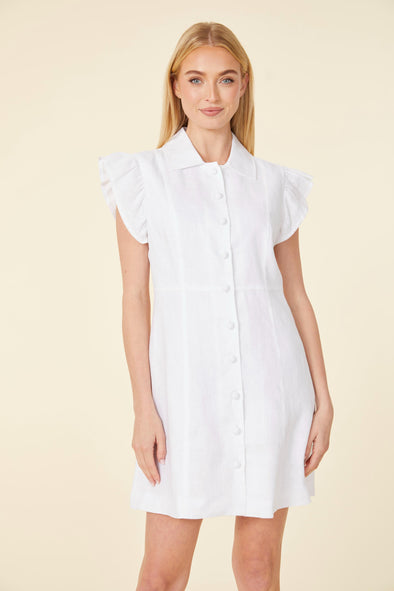 Model in a white dress with a collar, buttons down the front, and flutter sleeves 