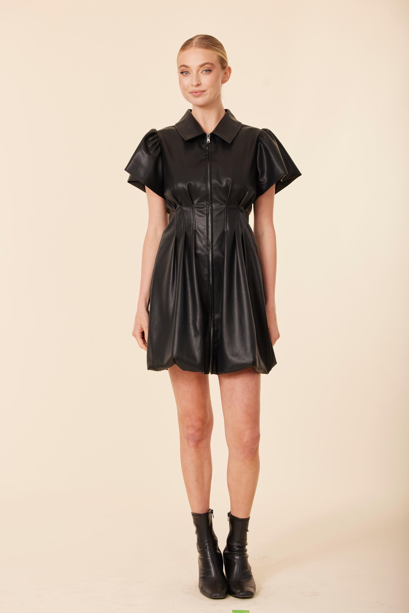 Faux Leather Zip Bubble Dress Black / S