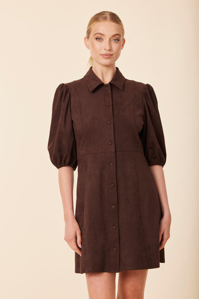 Dolce Cabo Puff Sleeve Suede Dress - Coffee