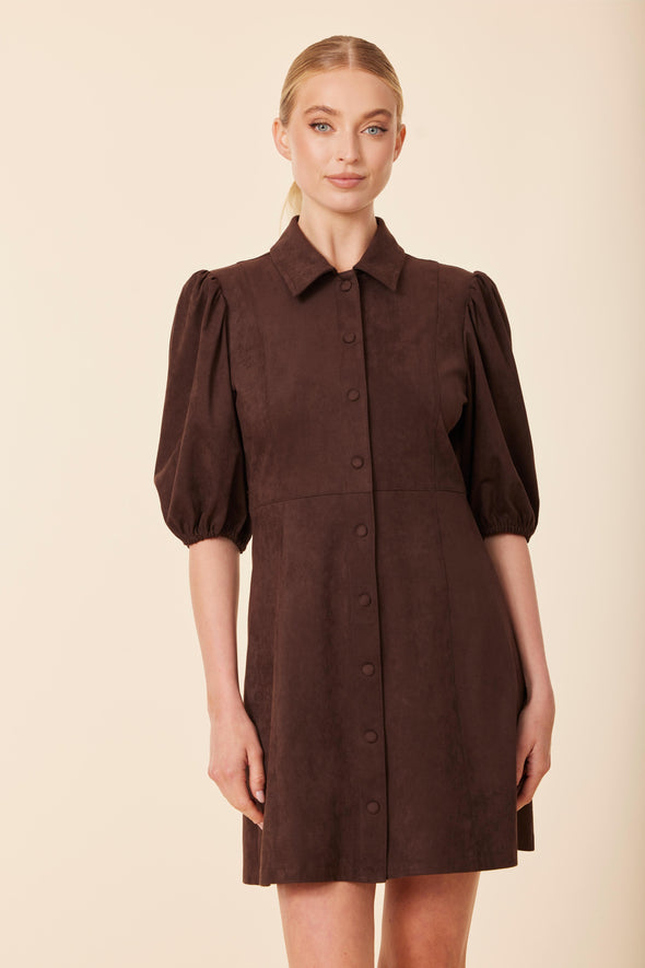 Dolce Cabo Puff Sleeve Suede Dress - Coffee