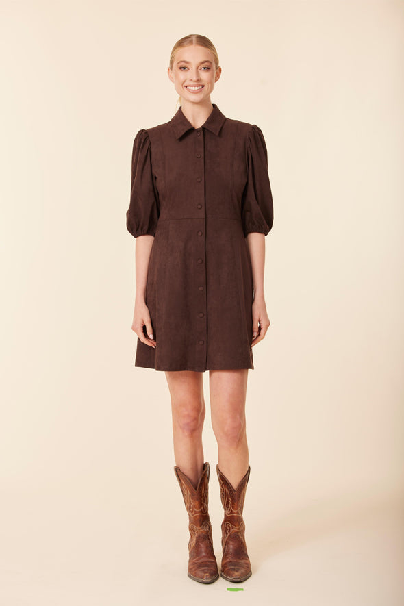 Dolce Cabo Puff Sleeve Suede Dress - Coffee
