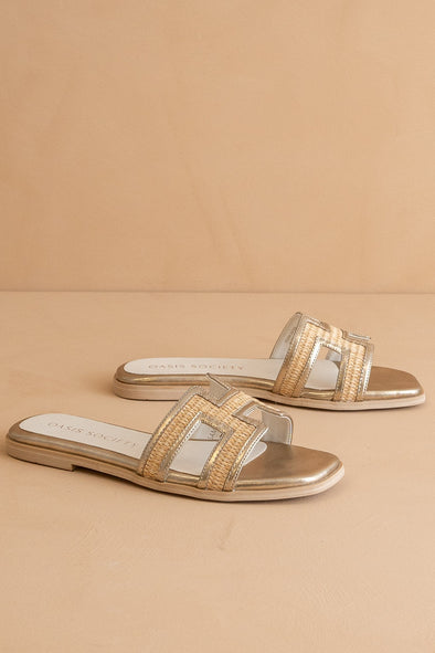 The Ena H Cutout Raffia Slide - Gold