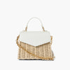 Front view of the Nantucket Purse in white. A woven bottom with a white faux leather envelope top  with top strap