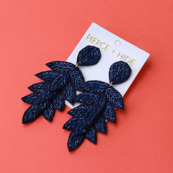 Beaded Tiered Leaf Earring - Navy