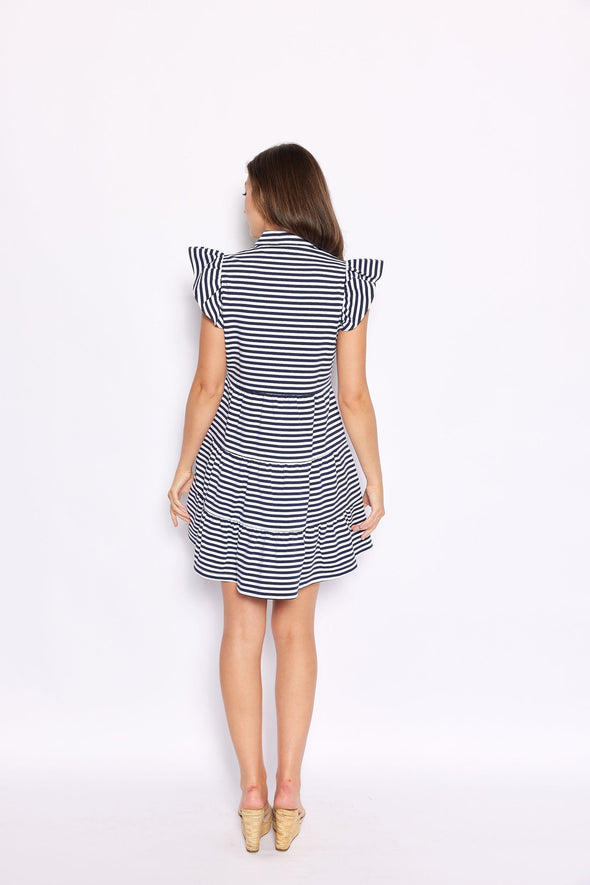 Sail To Sable Flutter Sleeve Flare Tunic Dress - Navy & White Stripe