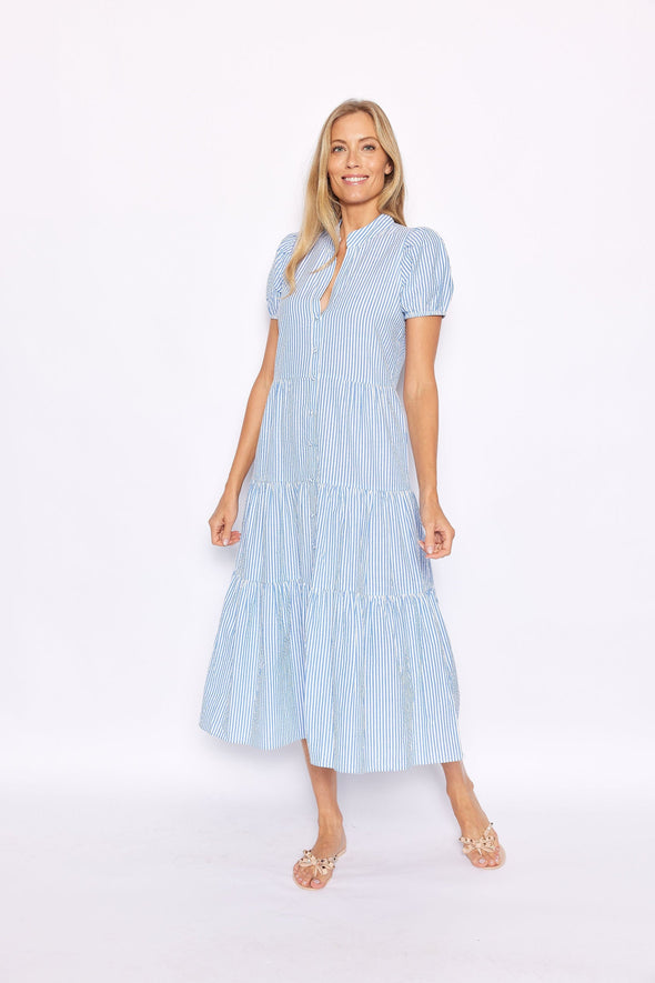 Sail To Sable Short Sleeve Midi Dress - Blue/White Stripe