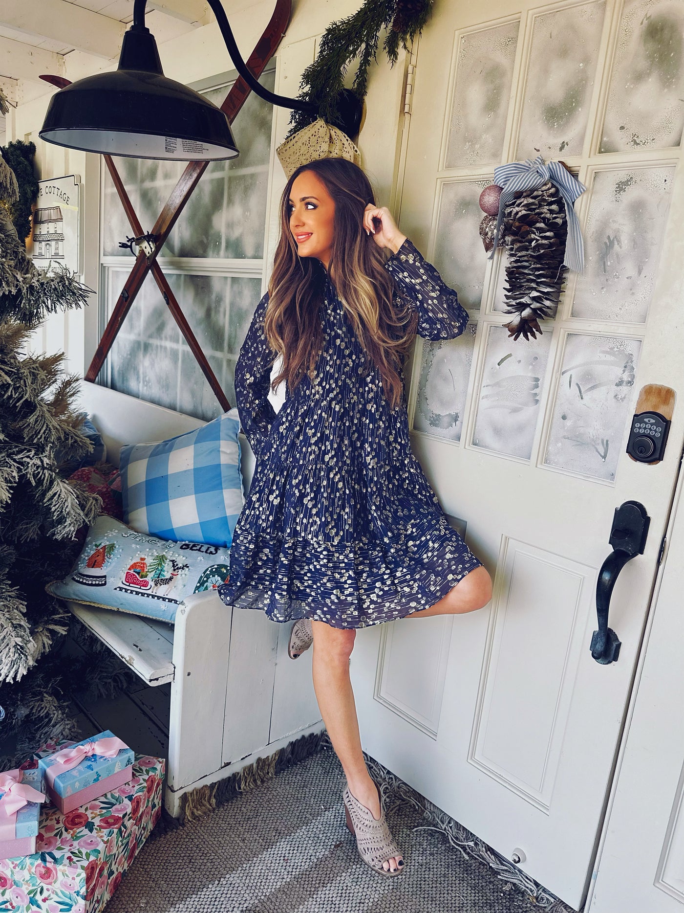 NAVY Lurex Clip Dot Long Sleeve Tunic Flare Dress NAVY / S / H24303N NAVY Lurex Clip Dot Long Sleeve Tunic Flare Dress NAVY / S / H24303N