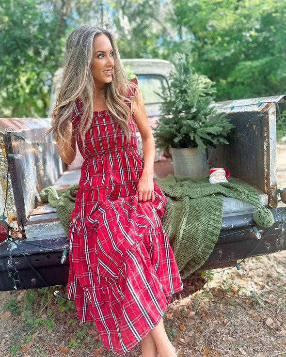 J. Marie Noelle Ruffle Strap Midi Dress - Red Mini Gingham