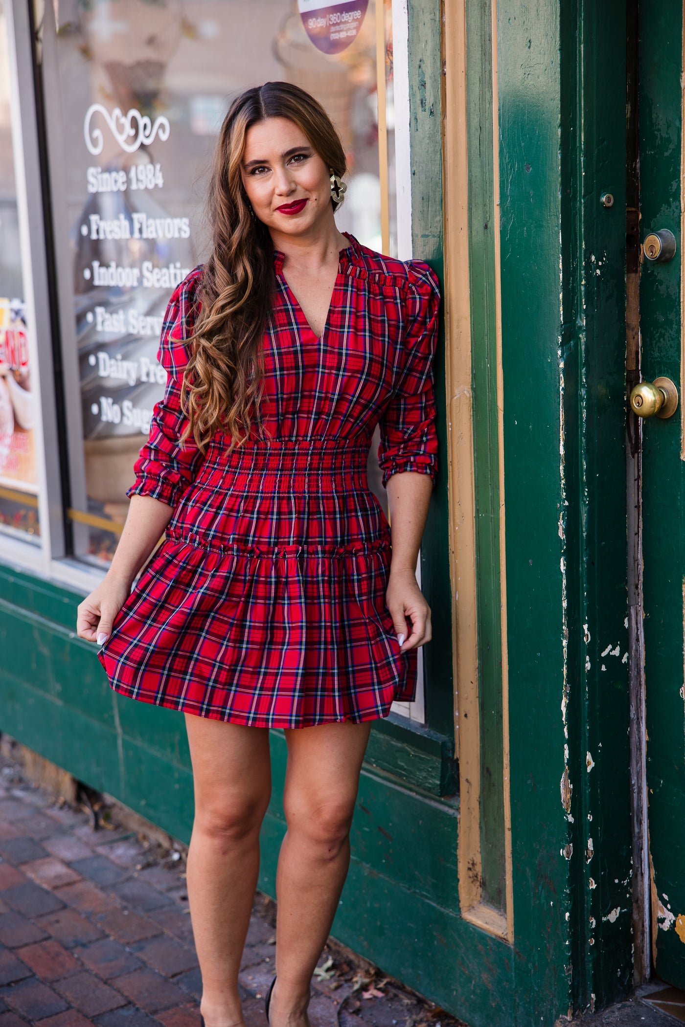 Red Tartan Smocked Waist Dress Red Tartan PRINT / XS / H23108
