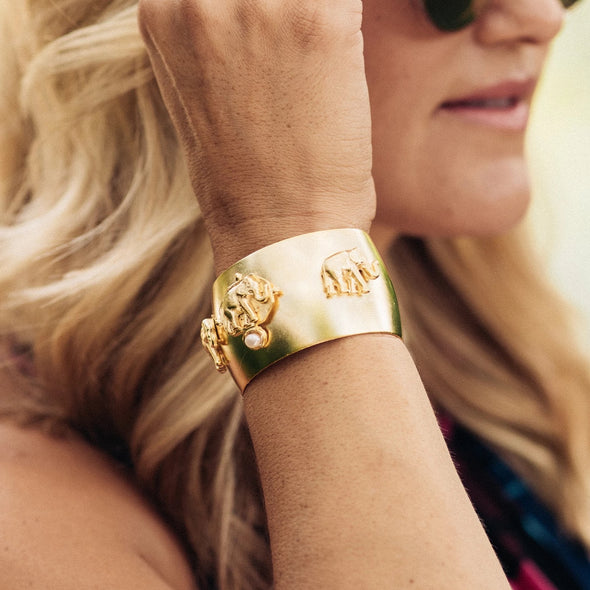 Model in the Susan Shaw Elephant Pearl Cuff Bracelet