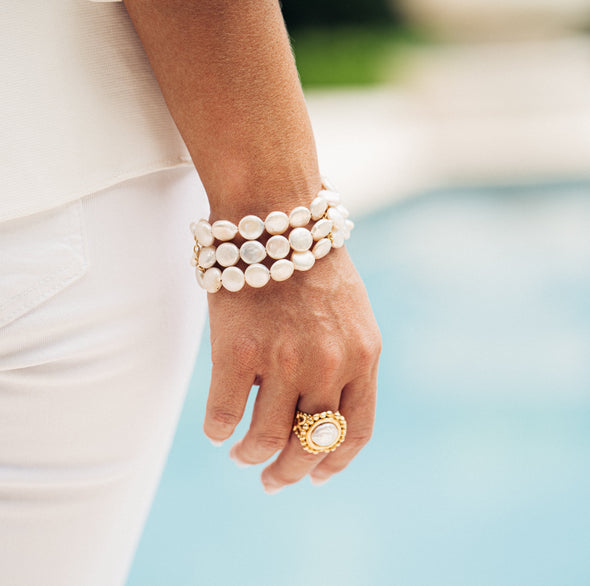 Model in the Susan Shaw Coin Pearl Row Bracelet