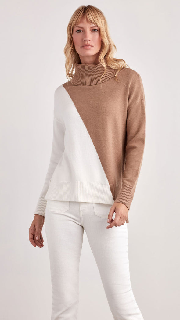 Model in the Ellen Tracy Boxwood Sweater - Camel/Marshmallow