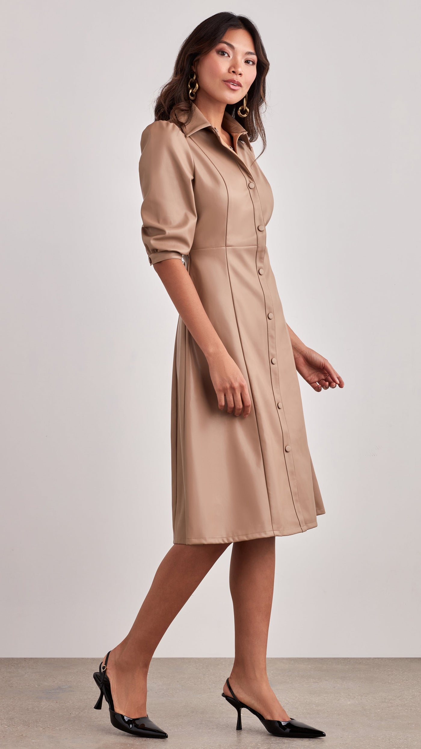 Ellen Tracy Soho Dress in Sand  Vegan Faux Leather Shirtdress