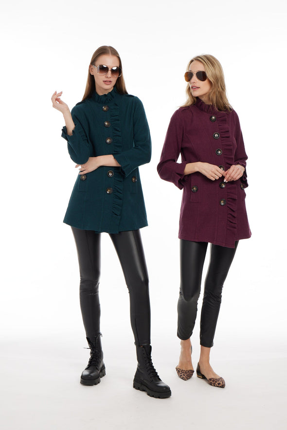 Two models wearing the Claudia Wool Ruffle Coats, Left model wearing forest green right model wearing burgundy coat