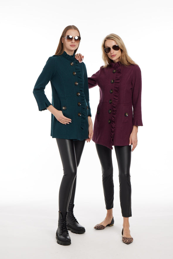 Two models wearing the Claudia Wool Ruffle Coats, Left model wearing forest green right model wearing burgundy coat