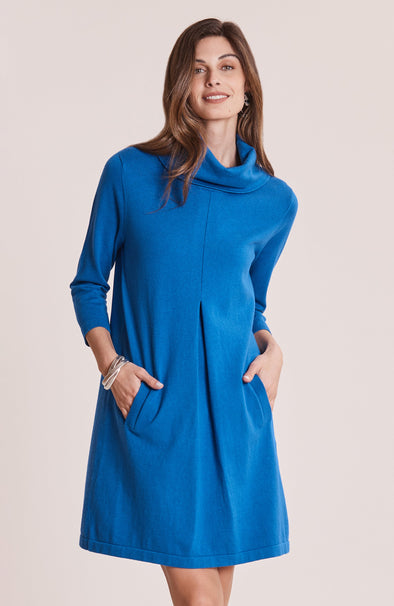 Front view of model in the Tyler Böe Kim Cowl Dress - Sapphire Cotton Cashmere
