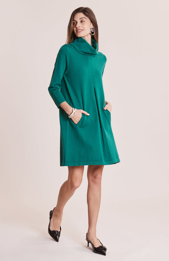 Side view of  Tyler Böe Kim Cowl Dress in Verde Cotton Cashmere showcasing front pockets