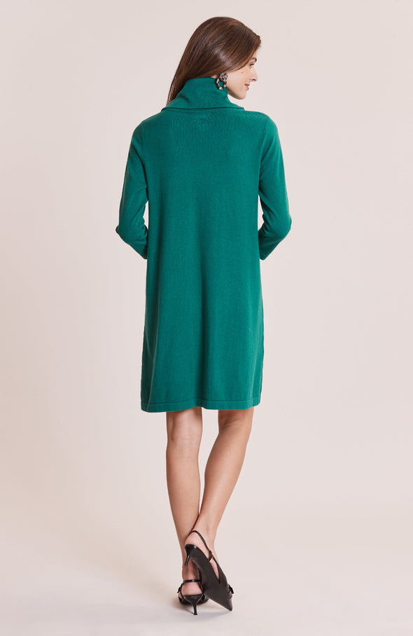 Back view of model wearing Tyler Böe Kim Cowl Dress in Verde Cotton Cashmere