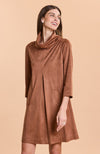 Model wearing Tyler Böe Kim Cowl Faux Suede Dress in Saddle