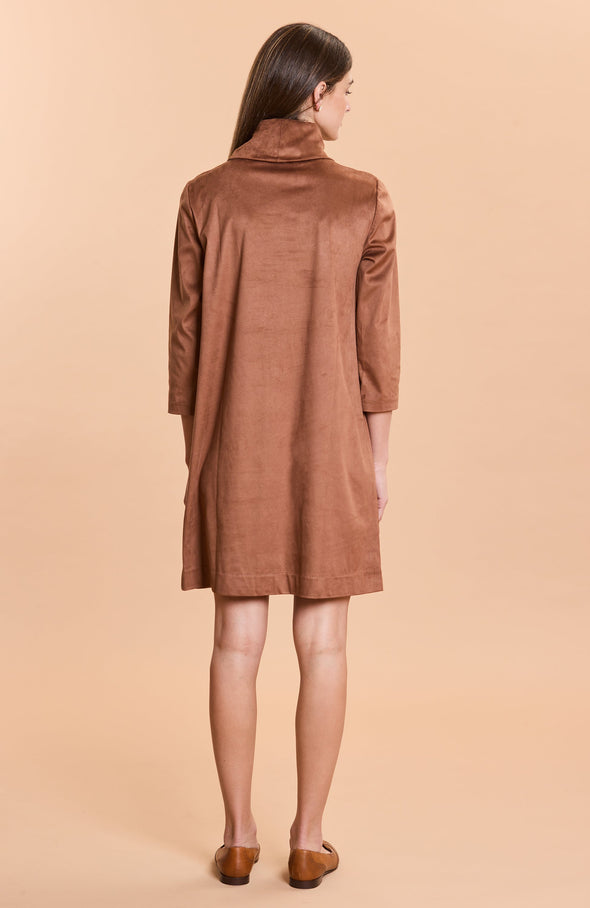 Back view of Tyler Böe Kim Cowl Faux Suede Dress in Saddle