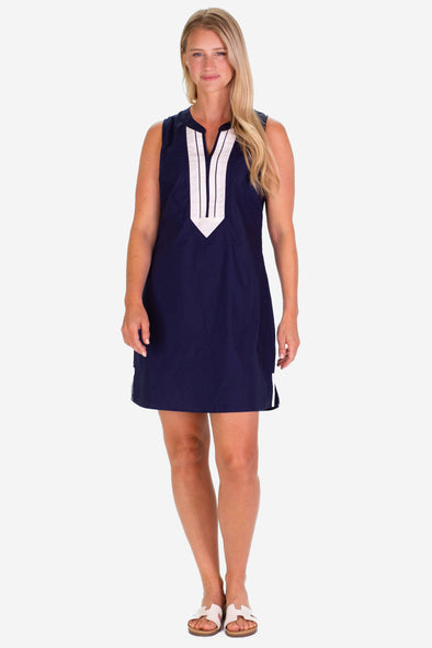 Front view of the Duffield Lane Grand Dress - Navy Stretch