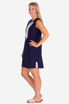 Side view of the Duffield Lane Grand Dress - Navy Stretch