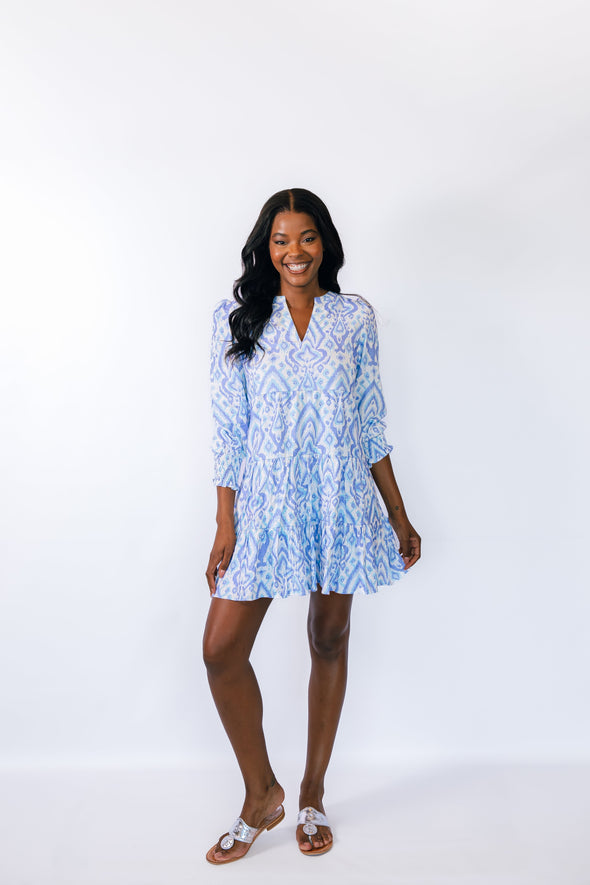Front view of the Sail to Sable Long Sleeve Tunic Flare Dress - Ikat