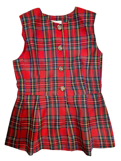 Red plaid peplum sleeveless top with buttons on a white background
