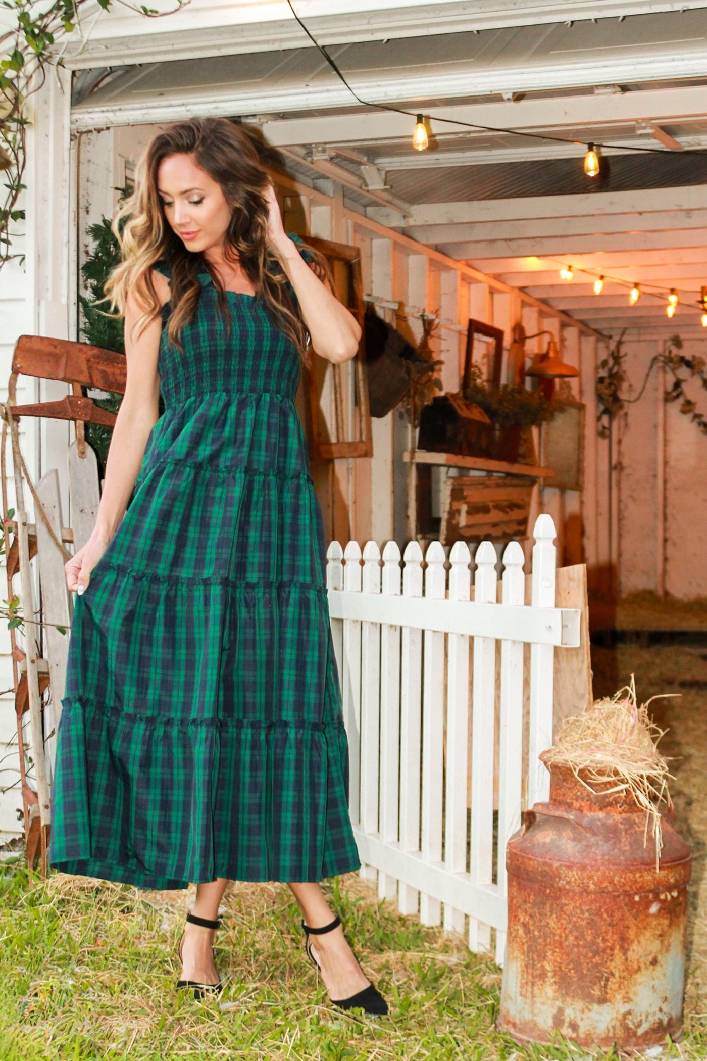 J. Marie Joyce Ruffle Strap Midi Dress in Hunter Green Gingham Medium J. Marie Joyce Ruffle Strap Midi Dress in Hunter Green Gingham Medium