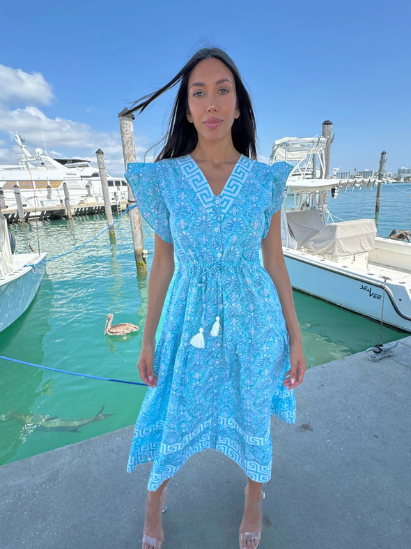 Model standing on at the marina in the Islapayal Amalfi Maxi Dress - Hellenic Tiffany