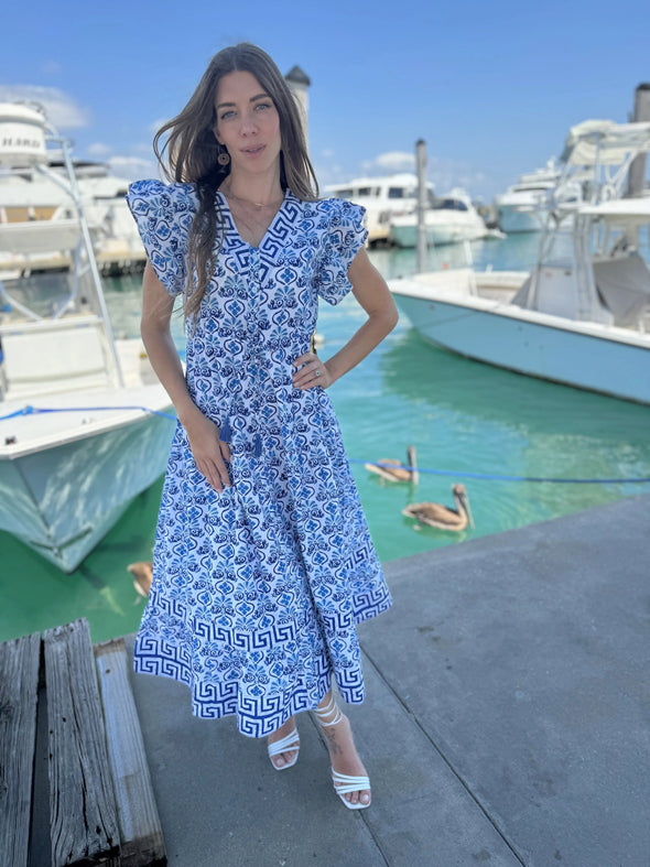 Model in the Islapayal Amalfi Maxi Dress - Hellenic Blue