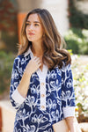 Model in the Duffield Lane June Dress - Navy Painted Flower