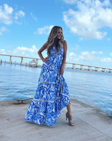 Full body view of the Southern Frock Mimi Maxi Dress - Blue Palms