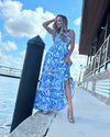 Full body front view of the Southern Frock Mimi Maxi Dress - Blue Palms