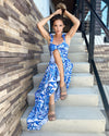 Sitting model in the Southern Frock Mimi Maxi Dress - Blue Palms
