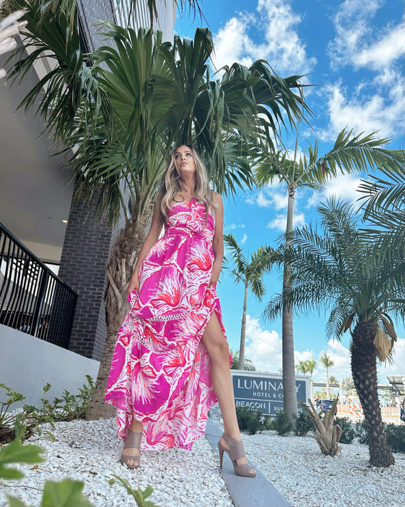 Full body view of the Southern Frock Elle Maxi Dress - Pink Shell