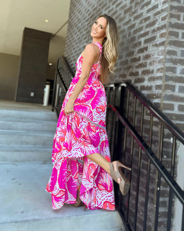 Back view of the Southern Frock Elle Maxi Dress - Pink Shell