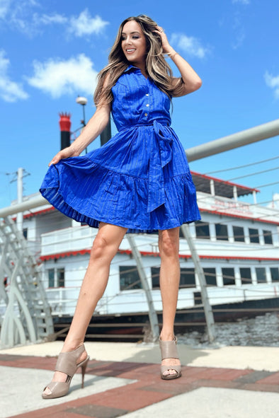 Outside view of Duffield Lane x Lucky Knot Exclusive Ann Dress - Bright Blue Metallic