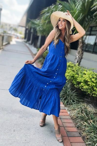 Full body view of the Duffield Lane X Lucky Knot Exclusive Duxbury Midi Dress - Bright Blue Metallic