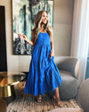 Indoor model in Duffield Lane X Lucky Knot Exclusive Duxbury Midi Dress - Bright Blue Metallic