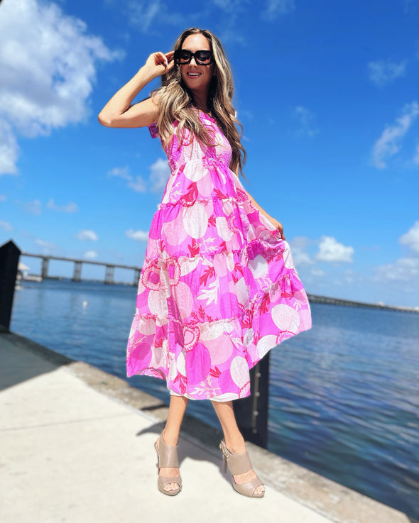 Outdoor model in the J. Marie Maisie Ruffle Strap Midi Dress