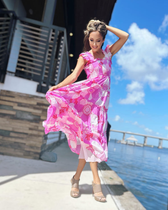 Outdoor model in J. Marie Maisie Ruffle Strap Midi Dress
