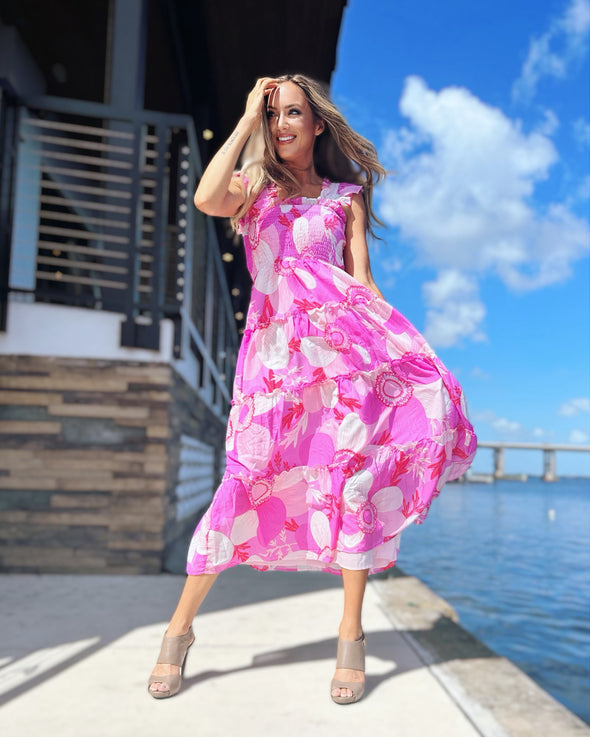 Outdoor model in the J. Marie Maisie Ruffle Strap Midi Dress