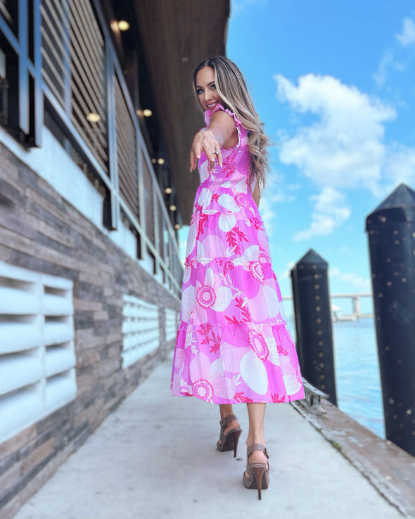 Outdoor model in the J. Marie Maisie Ruffle Strap Midi Dress