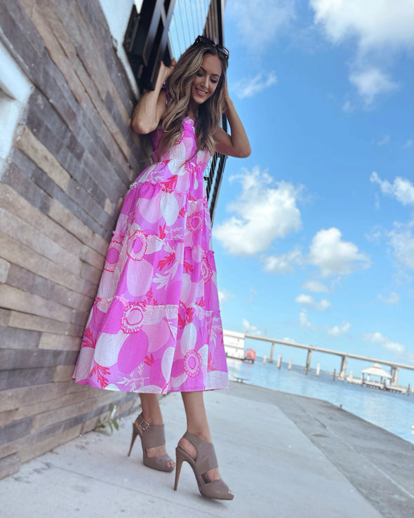 Outdoor model in J. Marie Maisie Ruffle Strap Midi Dress