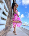 Outdoor model in the J. Marie Maisie Ruffle Strap Midi Dress