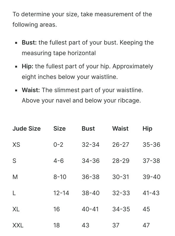 Size chart of the Jude Connally Megan Dress - Painted Tile Aqua