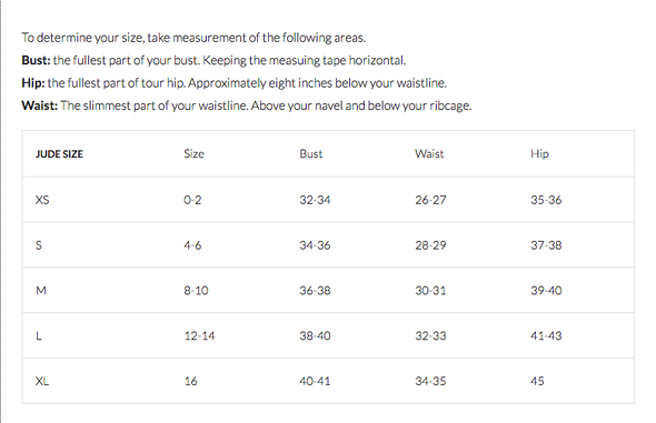 Size Chart for Jude Connally Lisa Dress