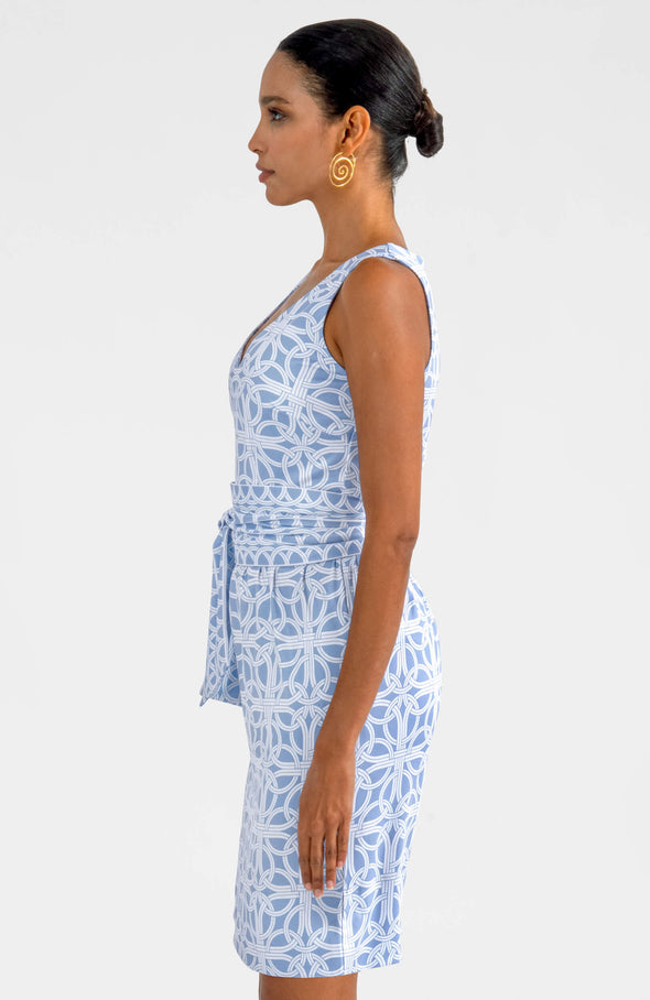 Side view of the Gretchen Scott Jersey Date Night Dress - Ring Toss - Periwinkle